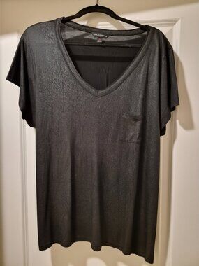 Black Shimmer V-Neck Top Short Sleeve Blouse